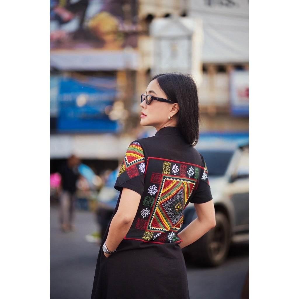 New Black Tai Dam Long Wrap Coat with Polyester Trim | Traditional Thai Cotton Women's Outfit in M & XL Sizes