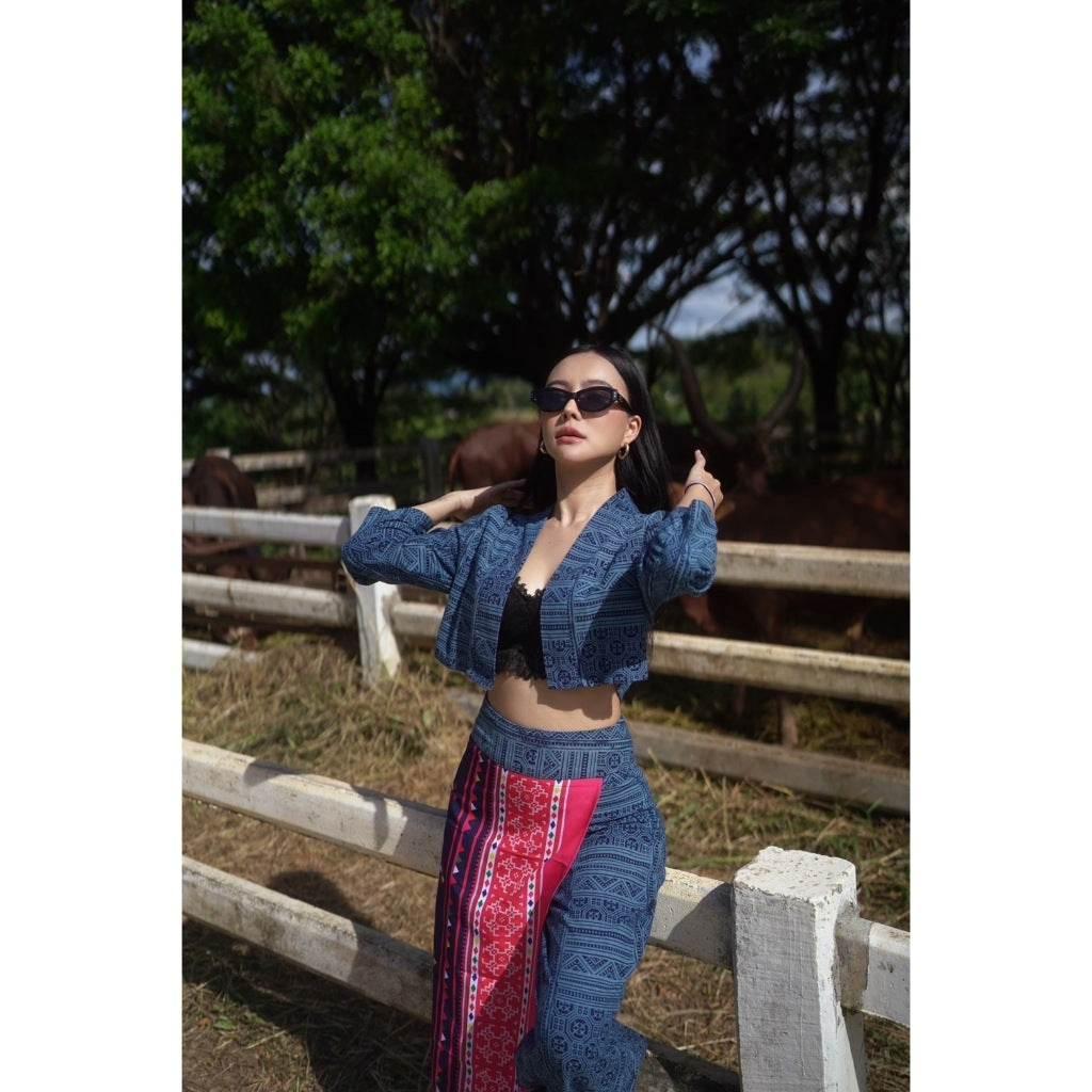 Batik-Inspired Women Outfit: Cotton Wrap Top and High-Waisted Pants Set in S–XL Sizes with Embroidered Ethnic Print