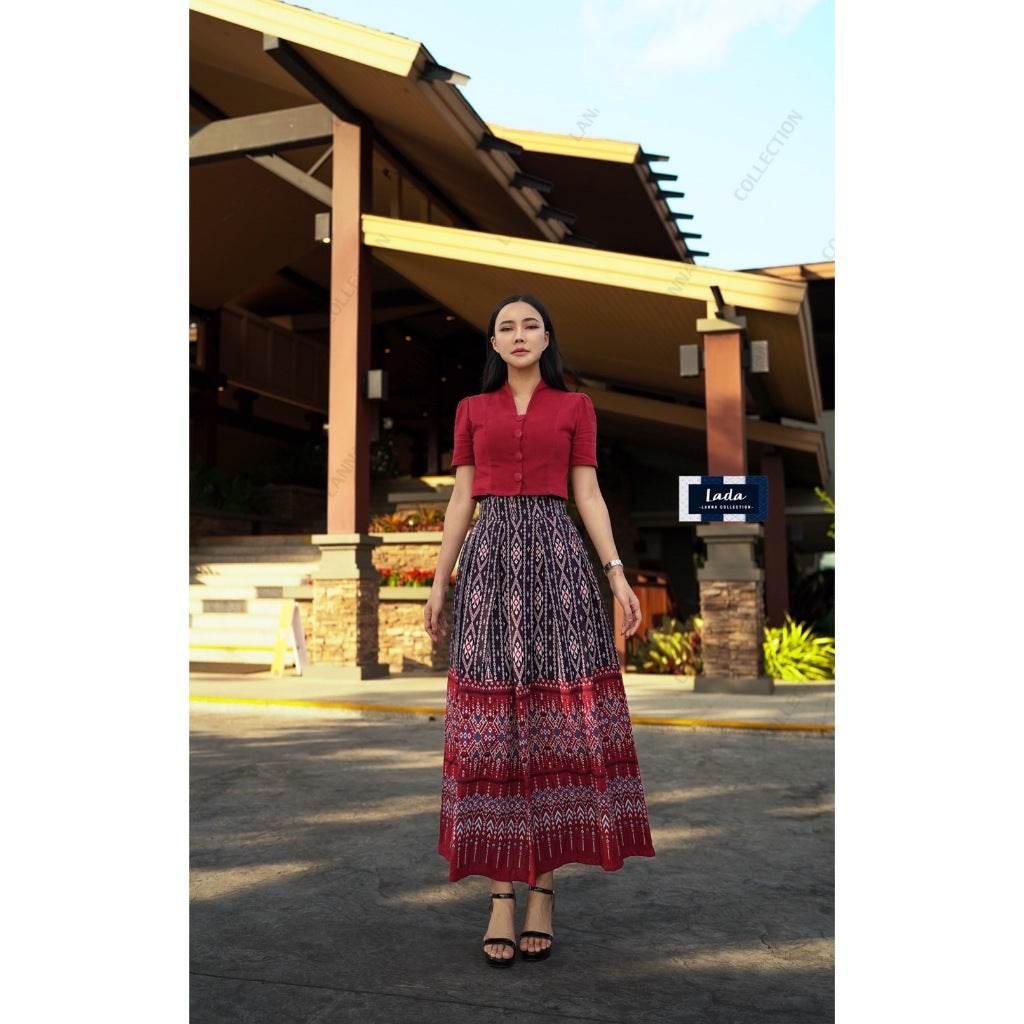 New Two-Tone Cotton Set - Khit Praewa & Mudmee Print Yellow & Wine Red Short Sleeve Top with High-Waisted Pleated Skirt