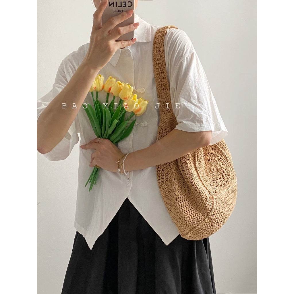 Handwoven Cotton Tote Bag for Women – Eco-Friendly Natural Fiber Shoulder Bag | 27cm x 38cm with Adjustable Strap One-Sake.com khaki white off khaki-white off-