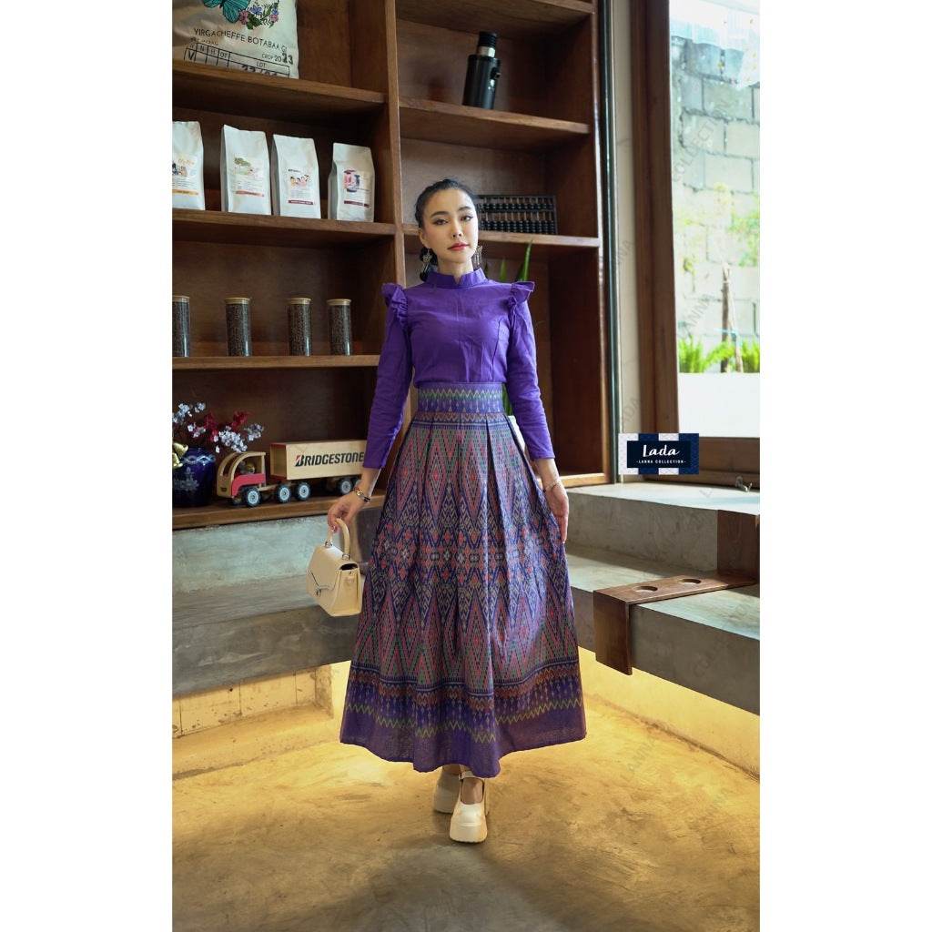 New Ancient Betel Nut Pattern 2-Piece Cotton Set – Wing Sleeve Top &amp; Pleated Skirt in 3 Colors | S–XL Sizes for Women One-Sake.com ม่วง / L ม่วง / S ม่วง / M ม่วง / S-ม่วง / M-ม่วง / L-ม่วง / XL-บานเย็น / S-บานเย็น / M-บานเย็น / L-บานเย็น / XL-แดงไวน์ / S-แดงไวน์ / M-แดงไวน์ / L-แดงไวน์ / XL-