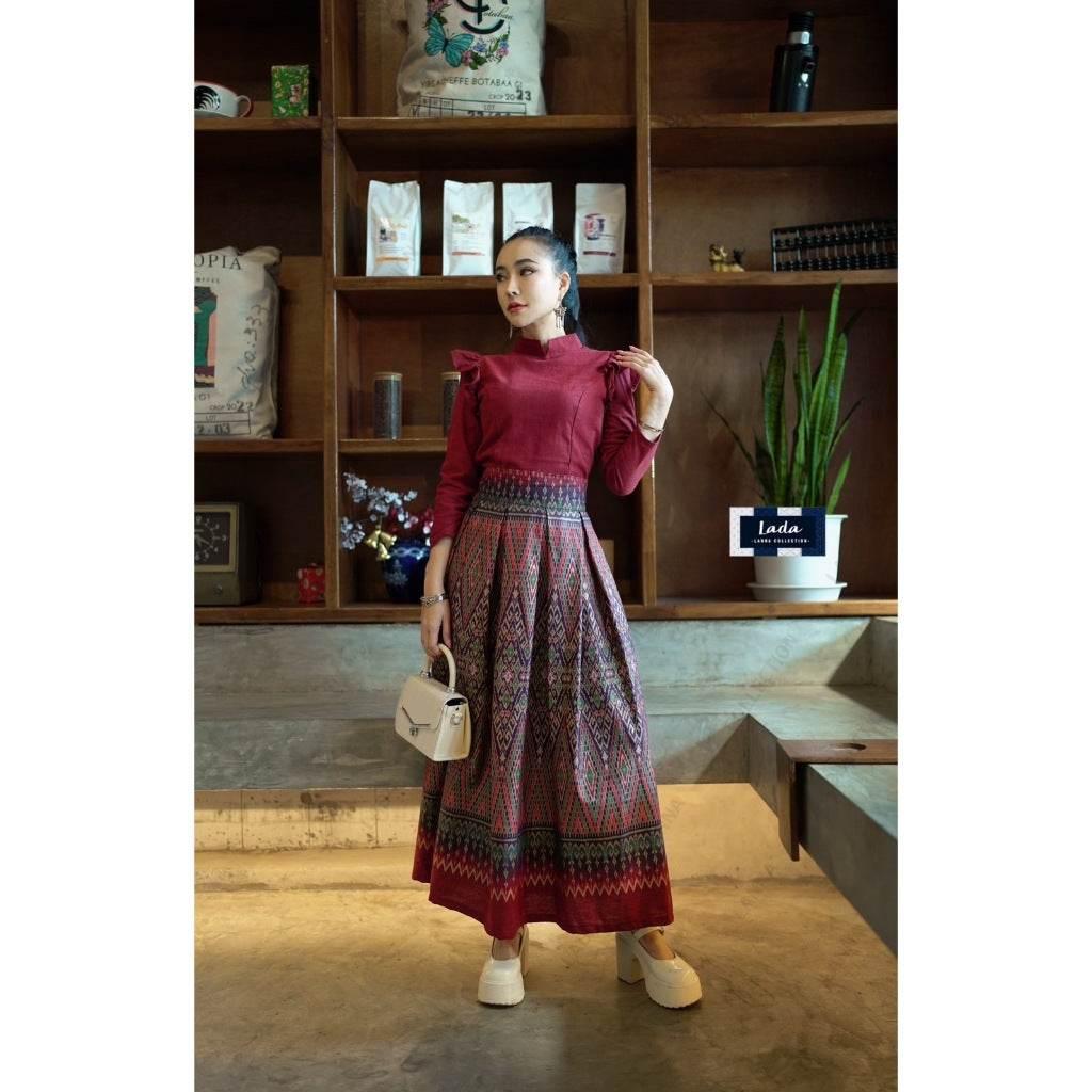 New Ancient Betel Nut Cotton Set - Wing Sleeve Top & Pleated Skirt in 3 Colors | Sizes S–XL for Women แดงไวน์