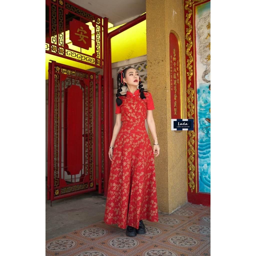New Arrival 8-Piece Pleated Skirt Set with Mandarin Blouse | Cotton Peony Pattern for Lunar New Year & Special Events