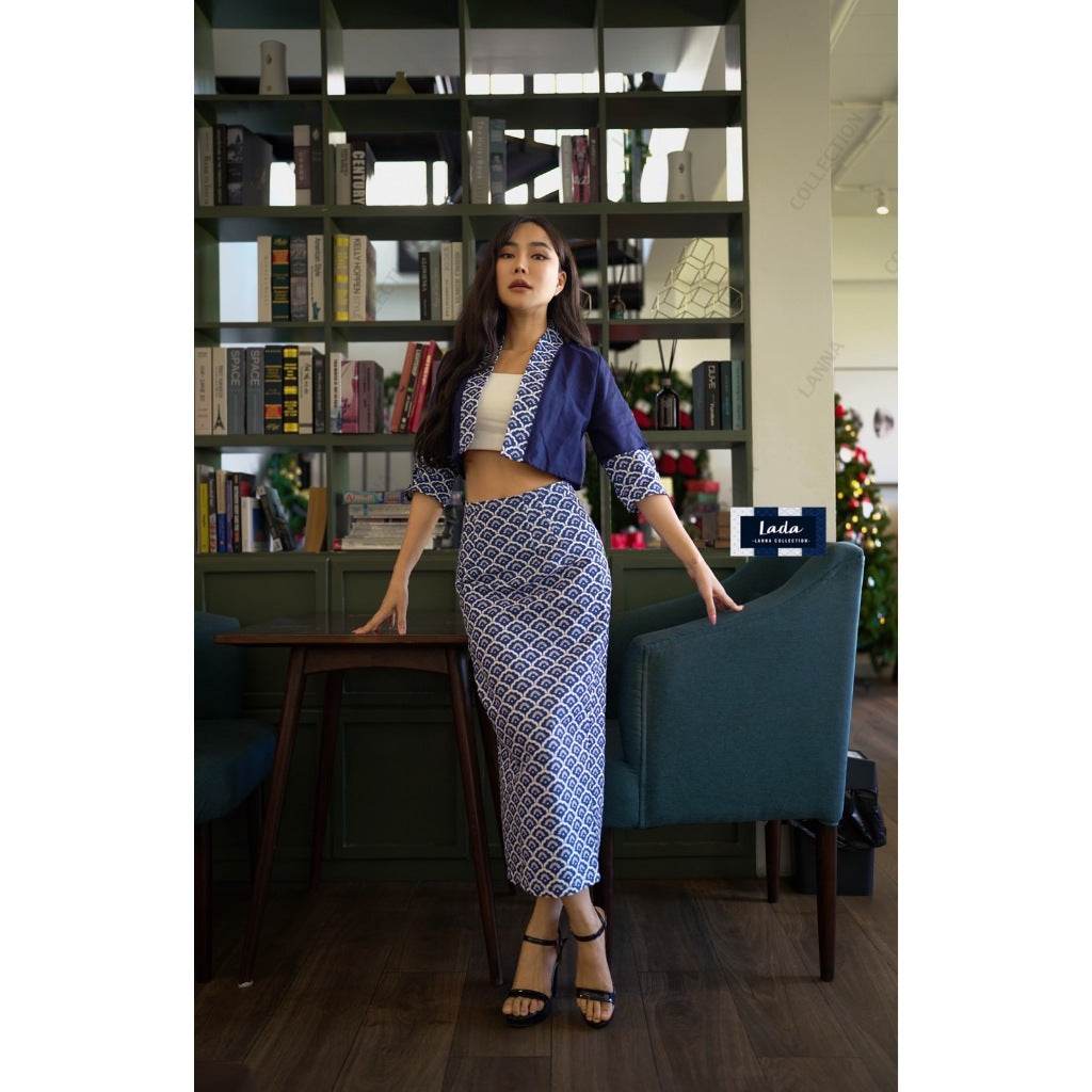 New Fish Scale Print Cotton Set – 4-Panel Cape Sleeve Top &amp; A-Line Skirt | Traditional Lanna Fabric in S–XL Sizes for Women One-Sake.com L S M S-M-L-XL-