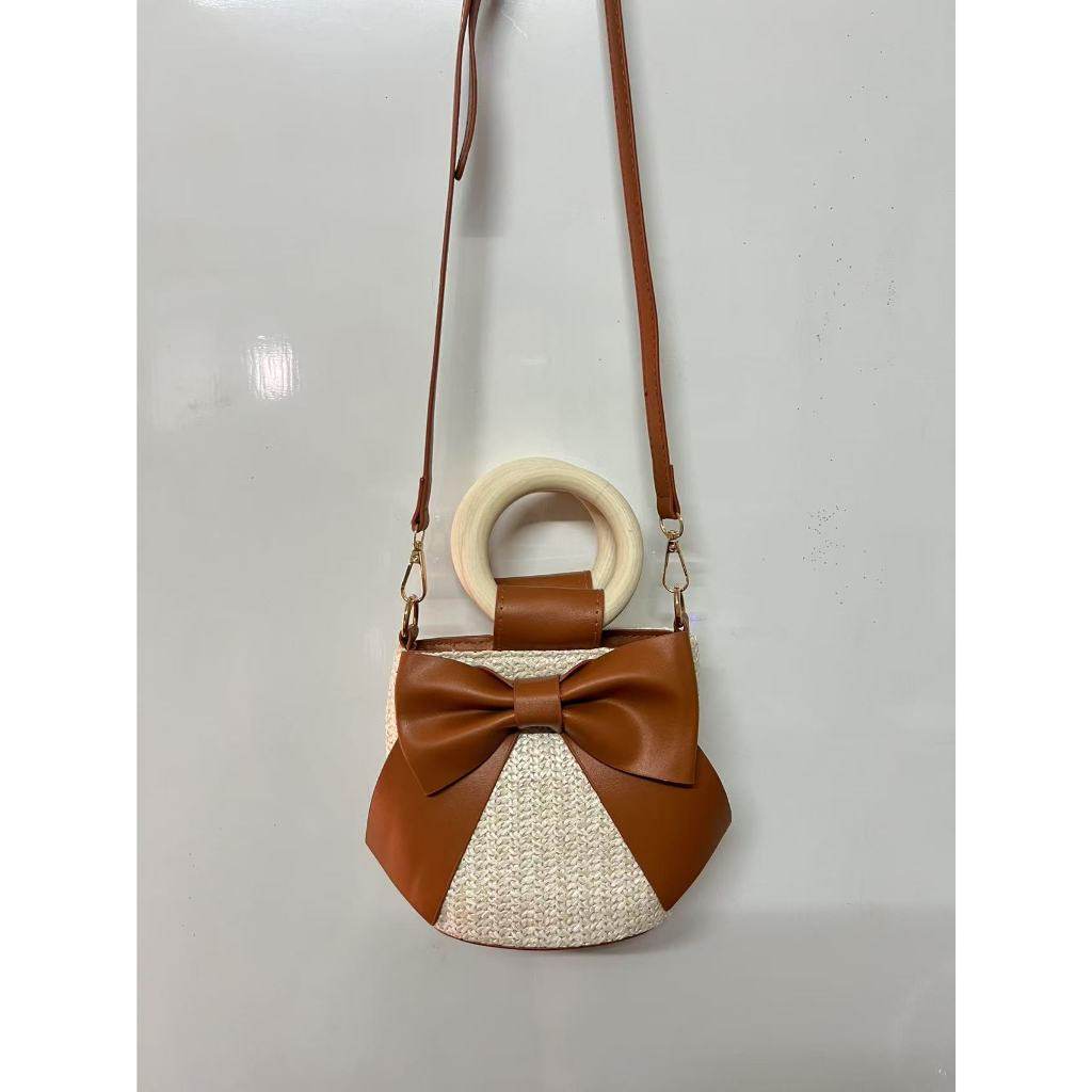 Wooden Handle Bow Shape Handwoven Bag – Perfect for Check-Ins &amp; Photos | Cotton Rope Crossbody Bag with Adjustable Strap One-Sake.com green khaki white khaki-white-green-pink-