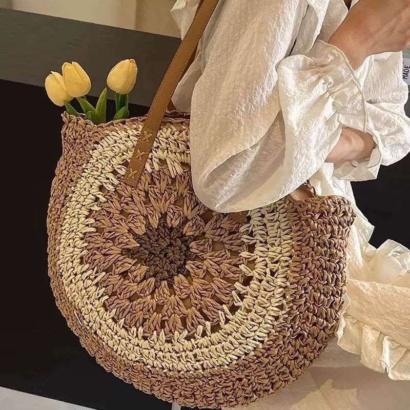 6-Color Large Woven Beach Tote Bag with Adjustable Shoulder Strap - Handmade Cotton Rope Bag 25cm x 42cm