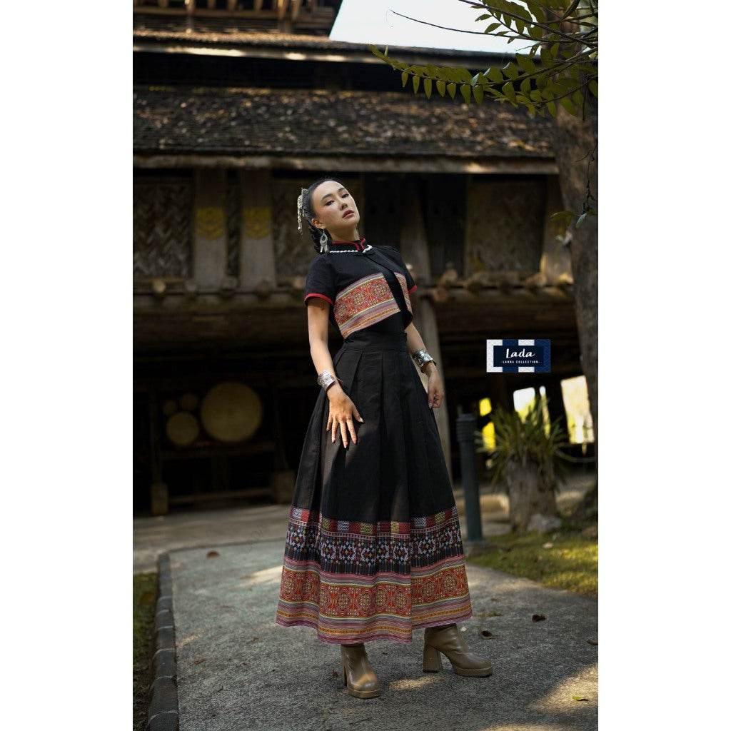 Hmong-Inspired Cotton Set - Stylish 2-Piece Wrap Top & Pleated Skirt for Women in S–XL Sizes
