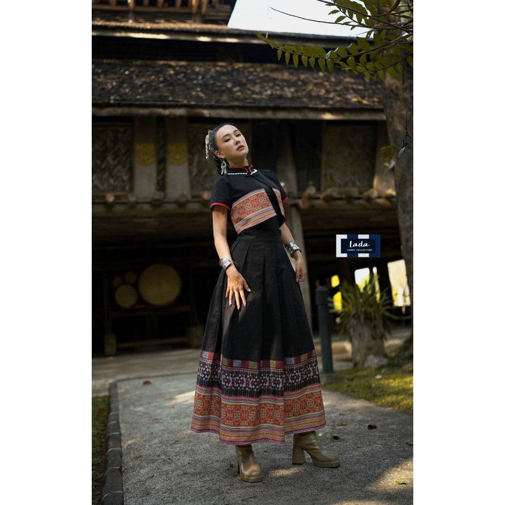 Chinese Miao Pattern Cotton Wrap Top &amp; Pleated Skirt Set – 4 Colors | Flattering 2-Piece Outfit for Women One-Sake.com L S M S-M-L-XL-