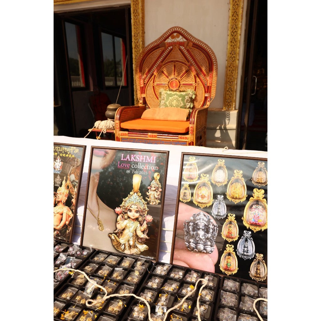 Thai goddess amulet for prosperity displayed in an ornate setting with intricate designs and vibrant colors