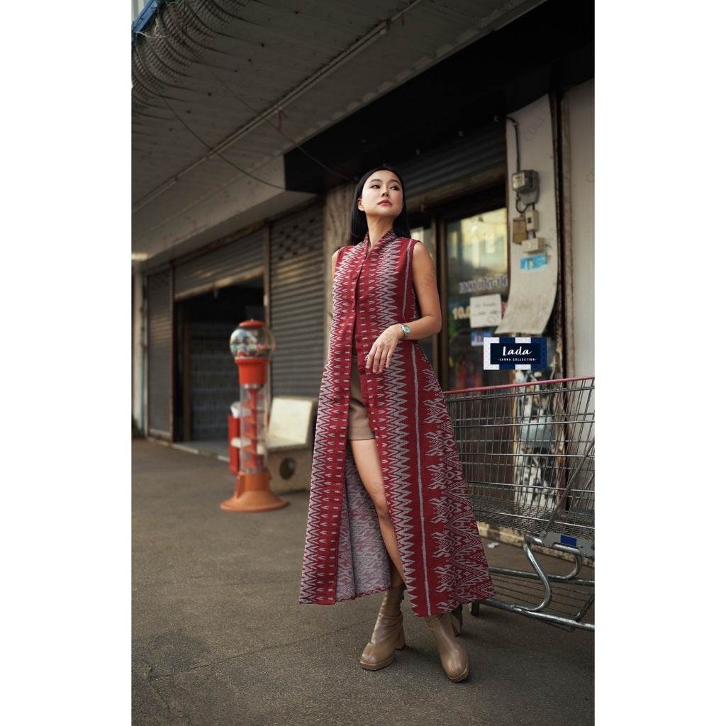 New Long Fishbone Print Cotton Wrap Coat – Two Sizes Available | 50 Inch Length with Front Buttons for Women One-Sake.com กรม / อก32-36 แดง / อก32-36 แดง / อก38-40 แดง / อก32-36-แดง / อก38-40-กรม / อก32-36-กรม / อก38-40-ดำ / อก32-36-ดำ / อก38-40-