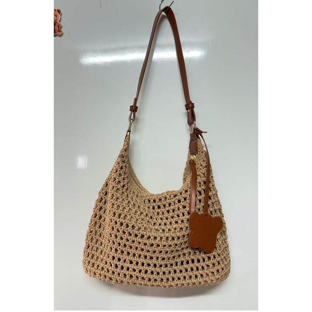 New Korean Crochet Cotton Rope Bag for Women – Handmade with Tassel Charm | Compact Crossbody Bag in 18x26cm Size One-Sake.com white off khaki white off-khaki-