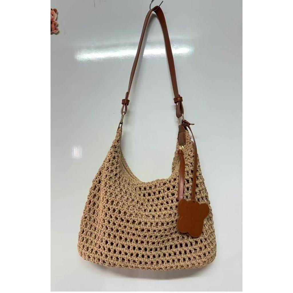 New Korean Crochet Cotton Rope Bag for Women – Compact 18x26cm Crossbody with Tassel Charm khaki