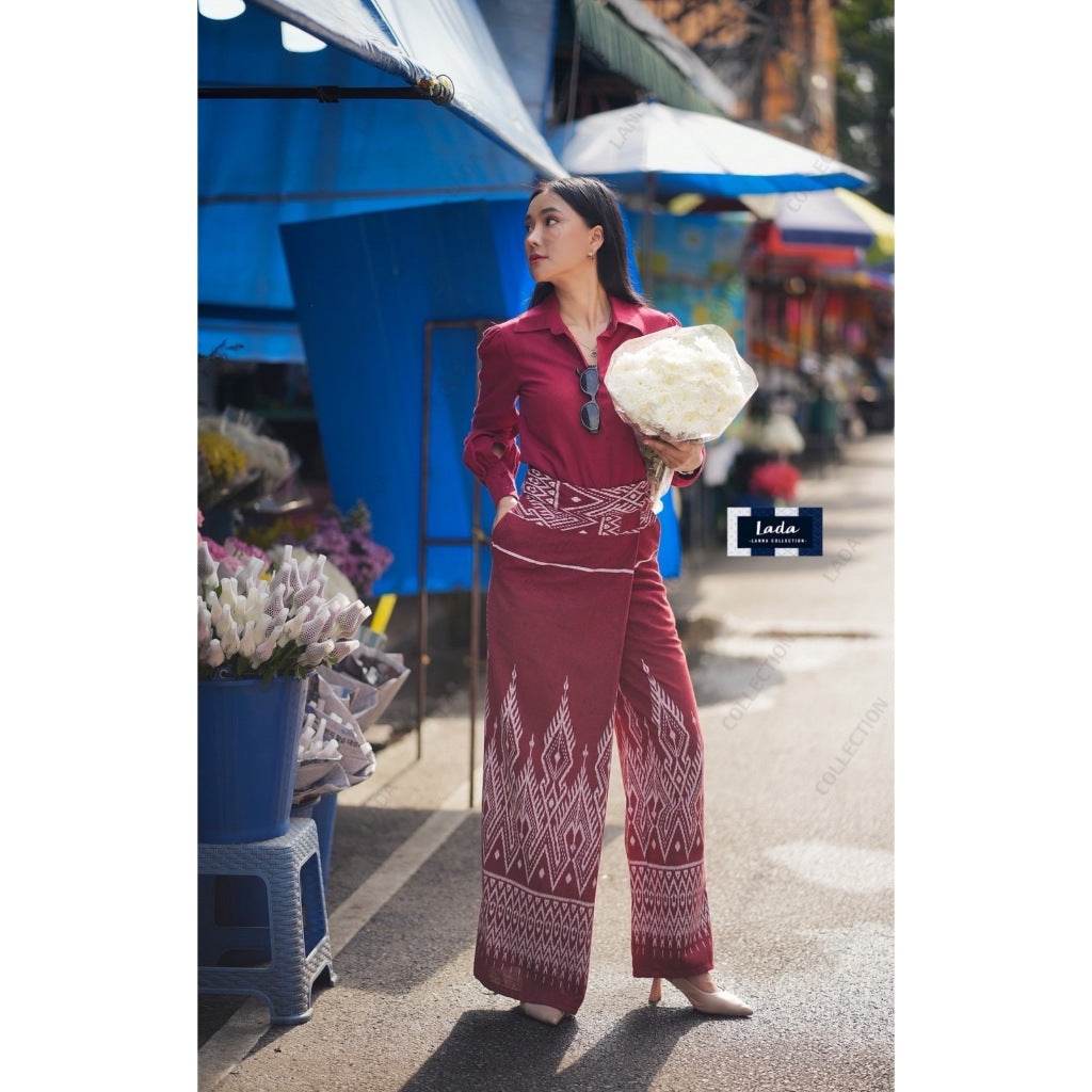 New Lisa Print Cotton Set – Long Sleeve Shirt &amp; Wide-Leg Pants in 3 Colors | S–XL Sizes for Women One-Sake.com กรม / L กรม / S กรม / M กรม / S-กรม / M-กรม / L-กรม / XL-แดง / S-แดง / M-แดง / L-แดง / XL-ม่วง / S-ม่วง / M-ม่วง / L-ม่วง / XL-