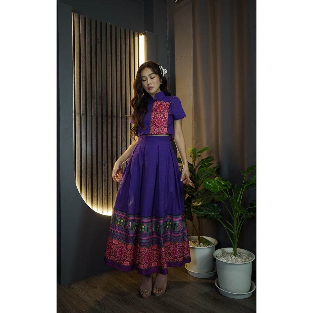 New Chinese Collar Top &amp; Swirl Print Skirt Set – Purple Cotton Outfit | Modest Style for Women One-Sake.com ม่วง / L ม่วง / S ม่วง / M ม่วง / S-ม่วง / M-ม่วง / L-ม่วง / XL-