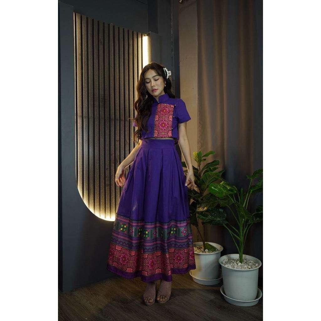New Chinese Collar Top Skirt Set - Purple Cotton Modest Outfit for Women