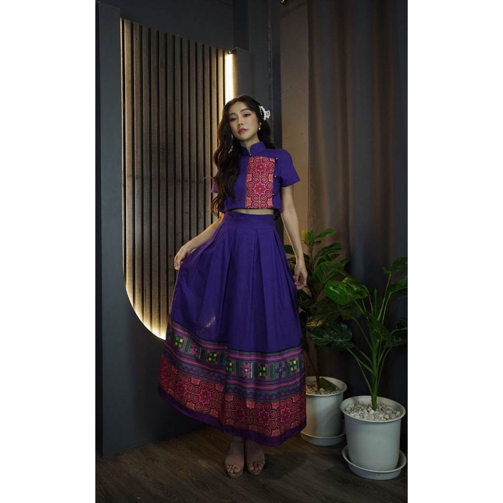 New Chinese Collar Top &amp; Swirl Print Skirt Set – Purple Cotton Outfit | Modest Style for Women One-Sake.com ม่วง / L ม่วง / S ม่วง / M ม่วง / S-ม่วง / M-ม่วง / L-ม่วง / XL-