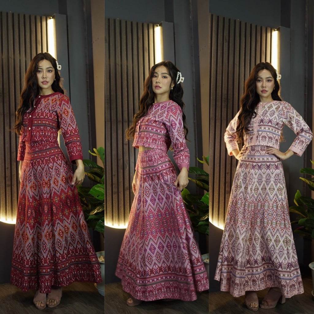 Elegant Pearl Trim Wrap Blouse &amp; 6-Piece Pleated Skirt Set | Luxurious Cotton Outfit in Wine Red, Pink, Peach – Perfect for Modest &amp; Daily Wear One-Sake.com แดงไวน์ / L แดงไวน์ / S แดงไวน์ / M แดงไวน์ / S-แดงไวน์ / M-แดงไวน์ / L-แดงไวน์ / XL-ชมพู / S-ชมพู / M-ชมพู / L-ชมพู / XL-ชมพูพีช / S-ชมพูพีช / M-ชมพูพีช / L-ชมพูพีช / XL-