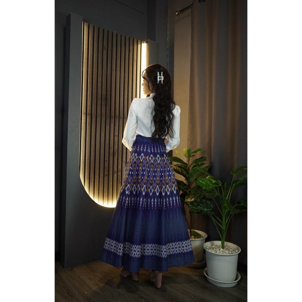 White Shirt &amp; 8-Piece Khao Lam Duan Print Skirt Set – Traditional Thai Cotton Outfit | S–XL Sizes for Women One-Sake.com L S M S-M-L-XL-