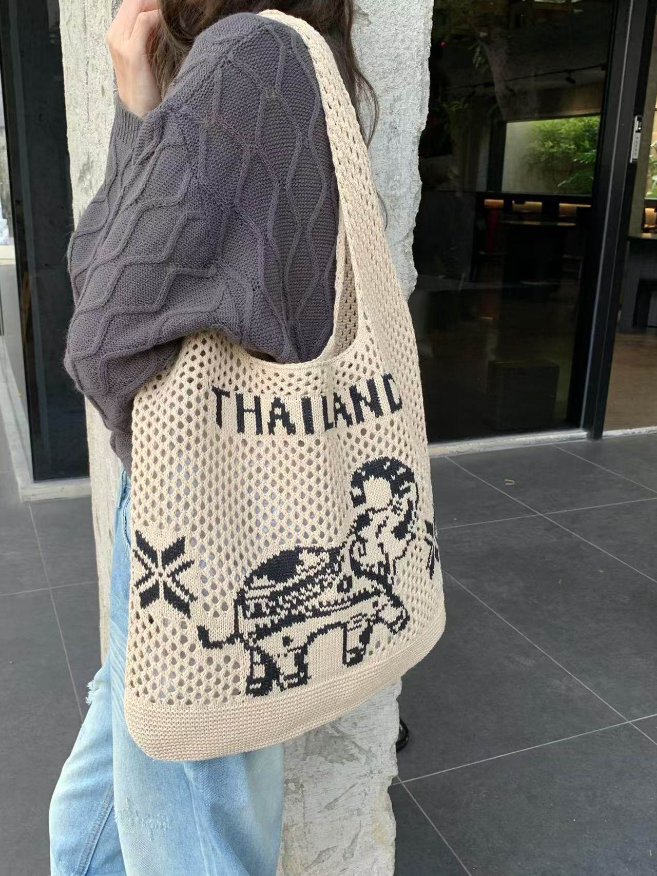Elephant Pattern Woven Shoulder Bag – Handmade Cotton Rope Tote for Women | 38cm x 40cm with 30cm Strap One-Sake.com khaki white white off white-white off-khaki-