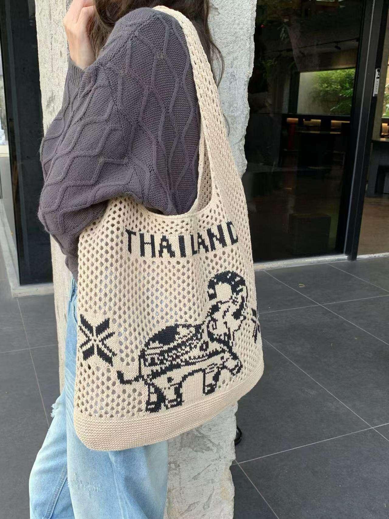 Elephant Pattern Shoulder Bag - Handmade Cotton Rope Tote for Women | 38cm x 40cm with 30cm Strap
