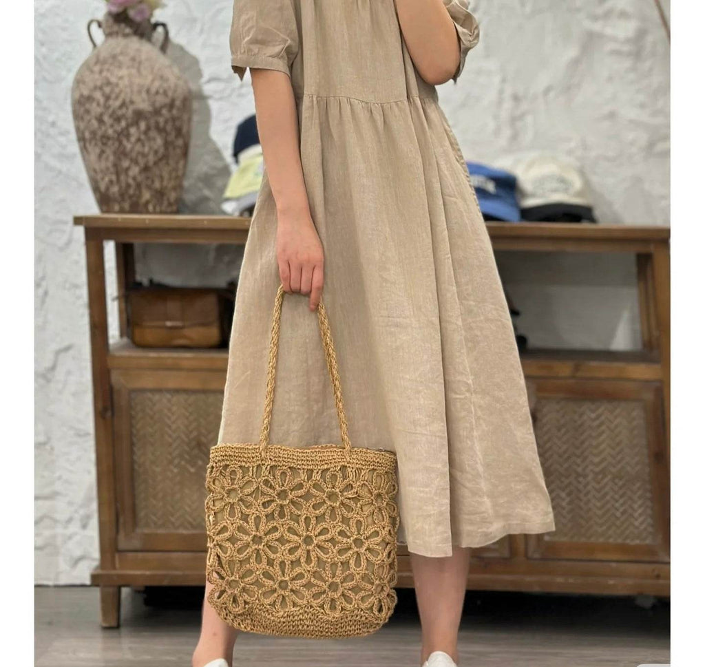 Handwoven Floral Mini Tote Bag for Women – Cotton Rope &amp; Natural Material | 30cm Shoulder Bag with Style &amp; Craftsmanship One-Sake.com khaki white off khaki-white off-