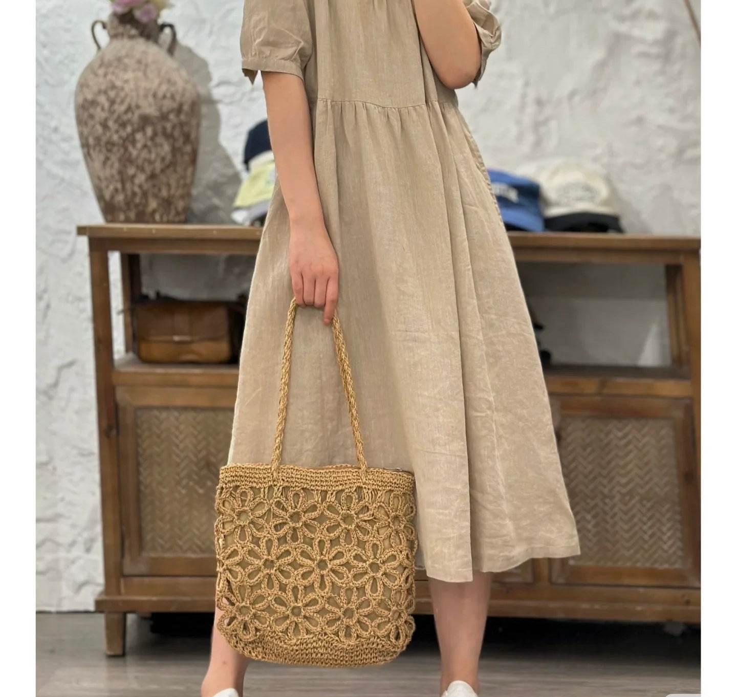 Handwoven Floral Mini Tote Bag for Women – Cotton Rope &amp; Natural Material | 30cm Shoulder Bag with Style &amp; Craftsmanship One-Sake.com khaki white off khaki-white off-