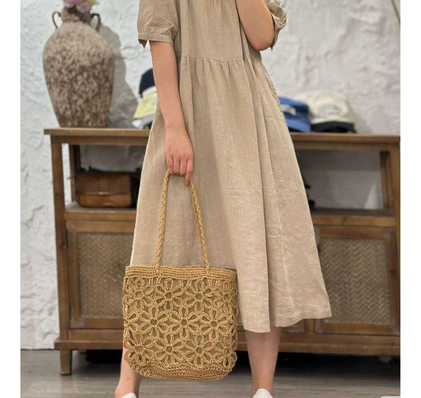 Handwoven Floral Mini Tote Bag for Women - Stylish Cotton Rope Shoulder Bag with Natural Materials | 30cm Craftsmanship Design