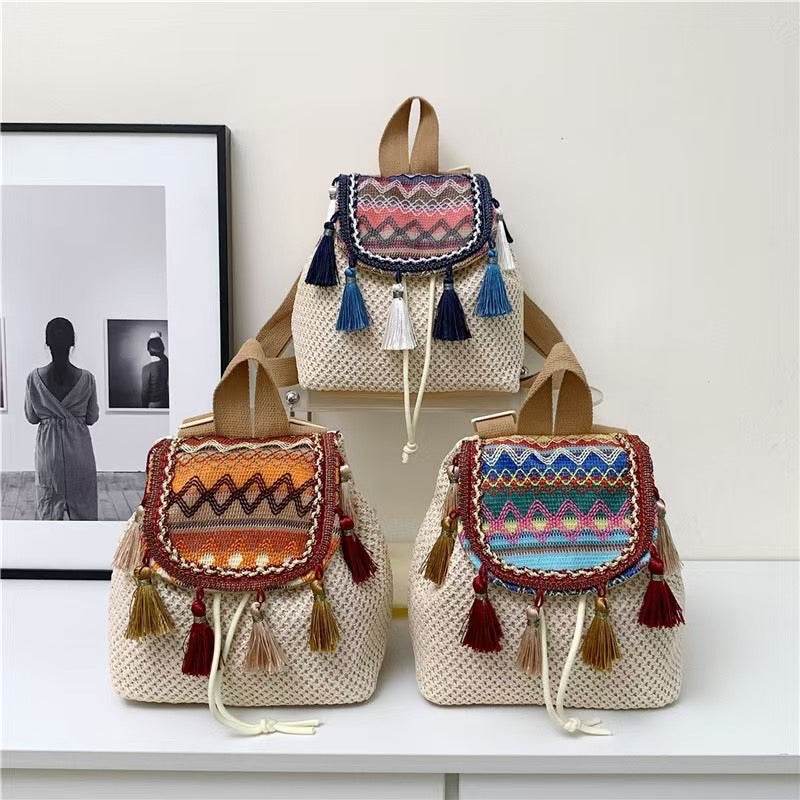 Unique Handwoven Crossbody Backpack for Women – Colorful Tassels &amp; Natural Cotton Rope | 33x22cm Size with Adjustable Strap One-Sake.com 3 1 2 1-2-3-