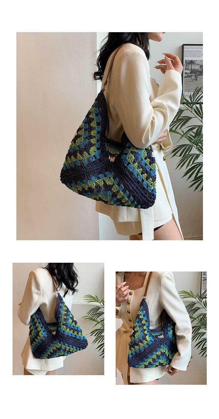 Trapezoid Handwoven Shoulder Bag in Dusty Purple with Leather Strap | Lined Natural Cotton Rope Bag for Women
