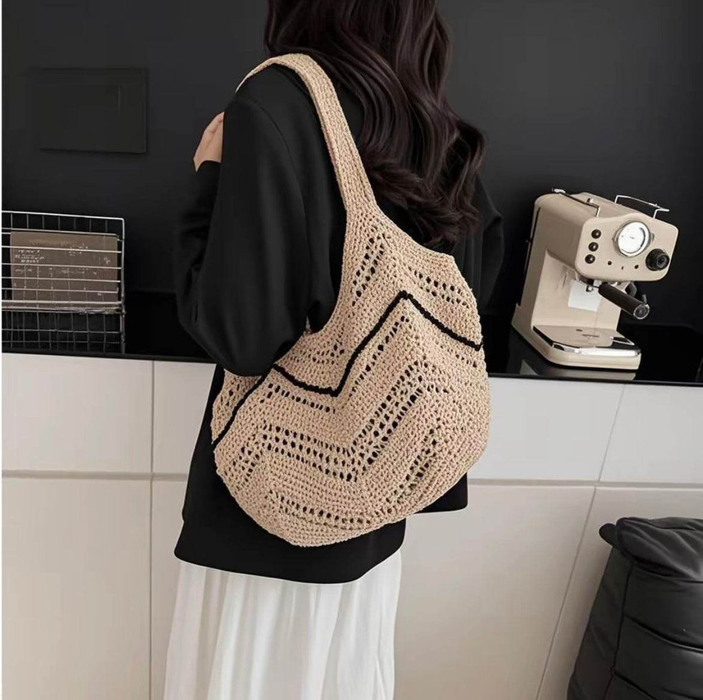 New Korean Style Crochet Shoulder Bag – Large Handmade Cotton Rope Tote | 33cm x 28cm with 58cm Strap One-Sake.com black green red green-red-black-