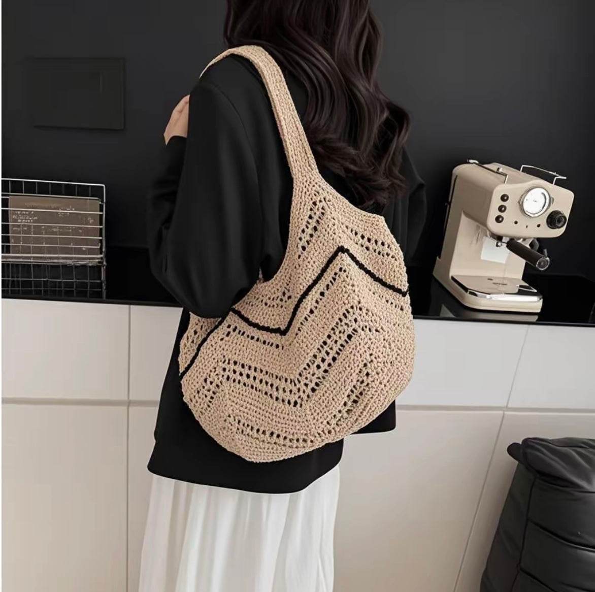 New Korean Style Crochet Shoulder Bag – Large Handmade Cotton Rope Tote | 33cm x 28cm with 58cm Strap One-Sake.com black green red green-red-black-