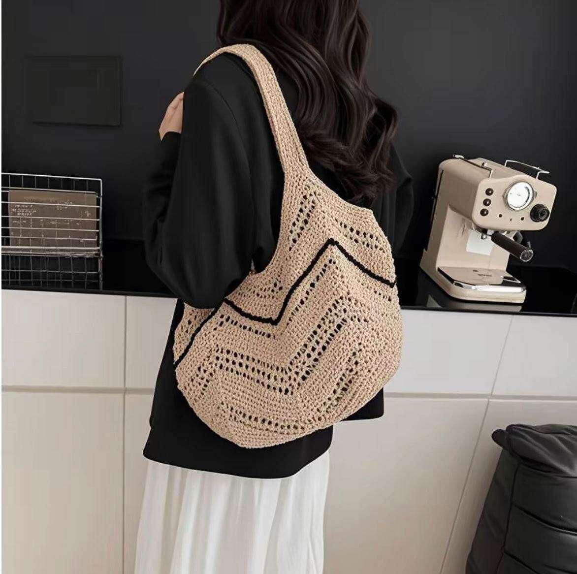New Korean Style Crochet Tote Bag - Large Handmade Cotton Shoulder Bag 33cm x 28cm with 58cm Strap