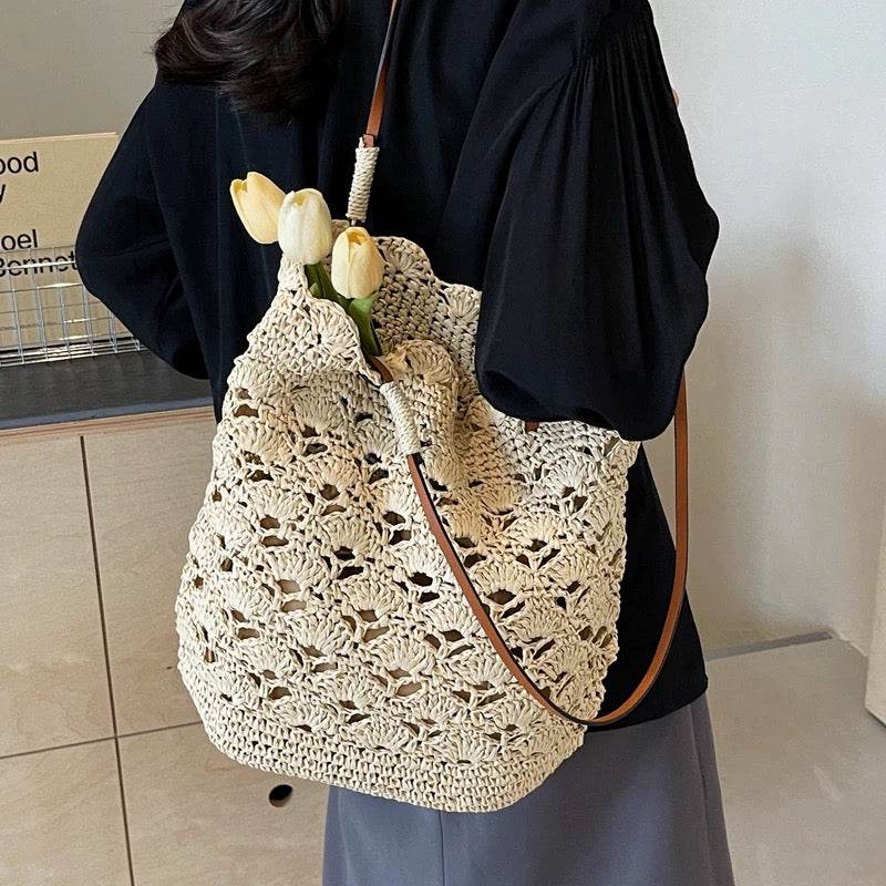 New Handwoven Women’s Shoulder Bag with Leather Strap &amp; Zip Closure – Approx. 33cm Width | Cotton Rope Woven Tote for Daily &amp; Casual Wear One-Sake.com khaki white off khaki-white off-