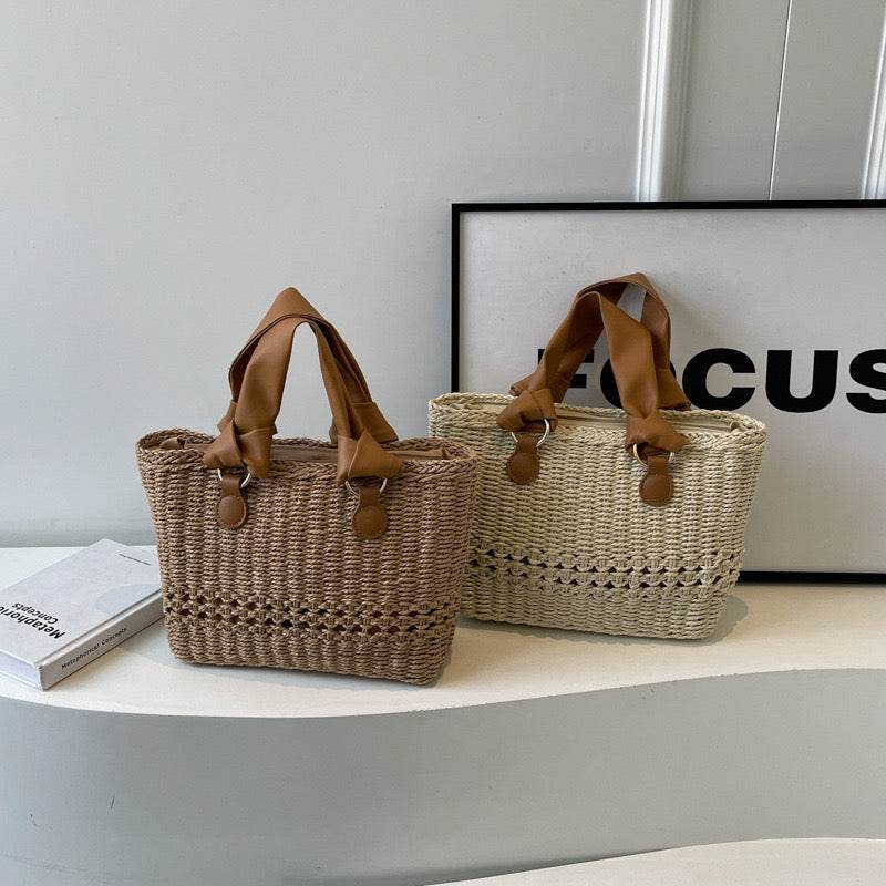 Premium Handwoven Tote Bag for Women – 20x29cm with Genuine Leather Handles | High-End Crafted Design for Styling &amp; Photoshoots One-Sake.com khaki whit off khaki-whit off-