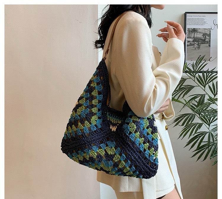 Trapezoid Handwoven Shoulder Bag in Dusty Purple – Leather Strap &amp; Lined Interior | Natural Cotton Rope Bag for Women One-Sake.com 1 2 1-2-