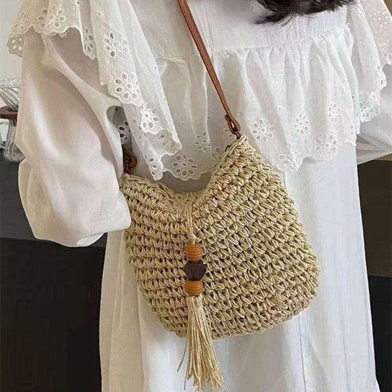 New Retro Tassel Woven Crossbody Bag for Women - Vintage Cotton Rope Shoulder Bag with Leather Strap & Zip Closure, 25cm Width