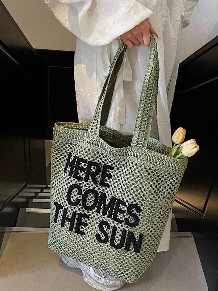 Large Handwoven English Letter Tote Bag for Women – Spacious Cotton Rope &amp; Natural Fiber Shoulder Bag | 39cm x 41cm Travel &amp; Daily Use One-Sake.com green khaki white off khaki-white off-green-