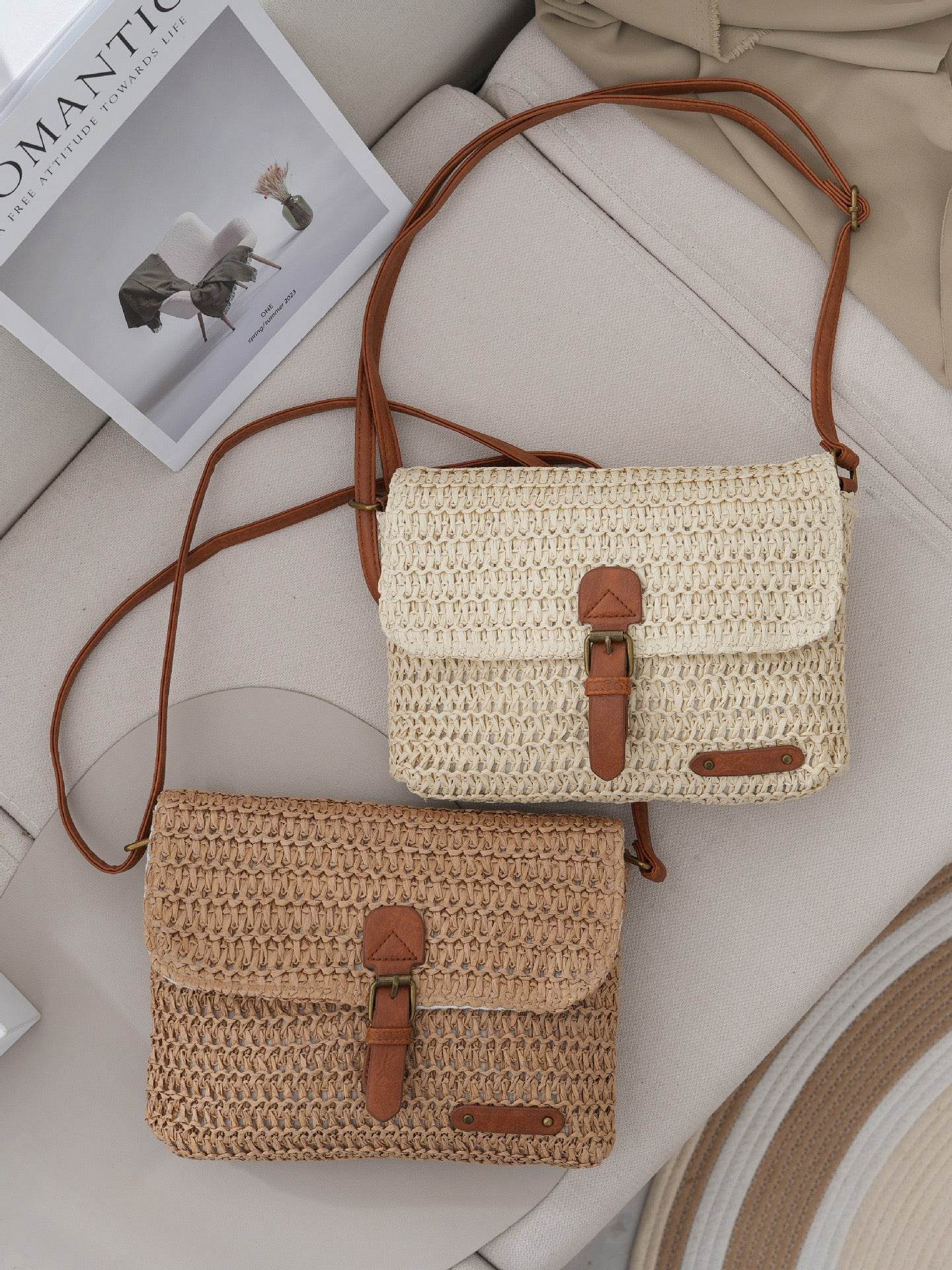 Multi-Way Handwoven Cotton Rope Bag – Shoulder, Crossbody &amp; Handheld Use | 24x18cm Size with Adjustable Strap One-Sake.com khaki white off khaki-white off-