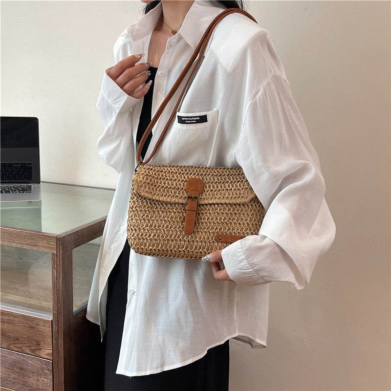Multi-Way Handwoven Cotton Rope Bag – Shoulder, Crossbody &amp; Handheld Use | 24x18cm Size with Adjustable Strap One-Sake.com khaki white off khaki-white off-