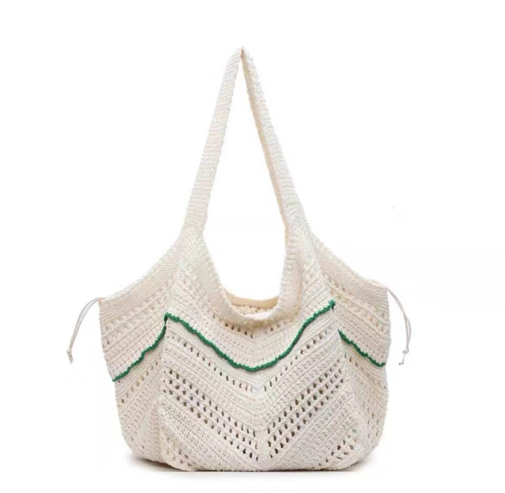New Korean Style Crochet Shoulder Bag – Large Handmade Cotton Rope Tote | 33cm x 28cm with 58cm Strap One-Sake.com black green red green-red-black-