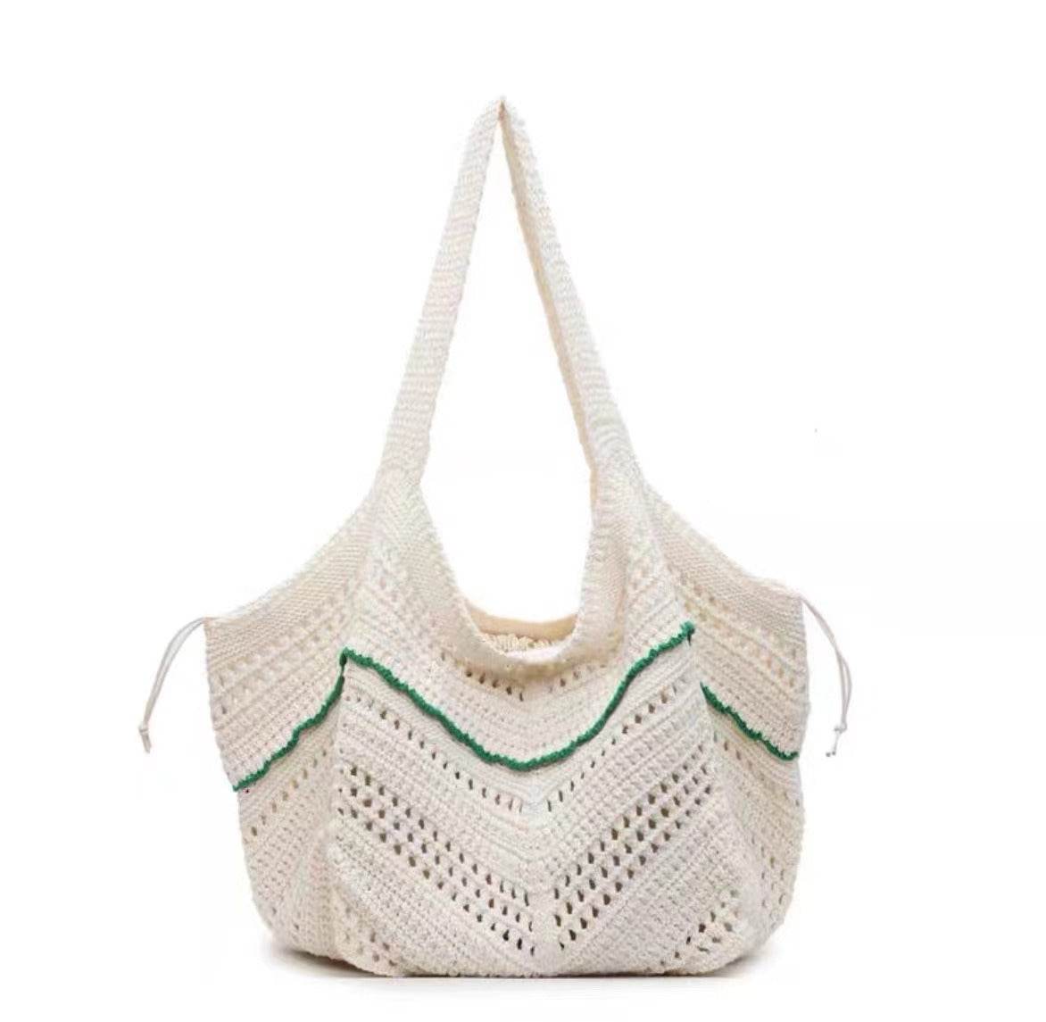 New Korean Style Crochet Shoulder Bag – Large Handmade Cotton Rope Tote | 33cm x 28cm with 58cm Strap One-Sake.com black green red green-red-black-