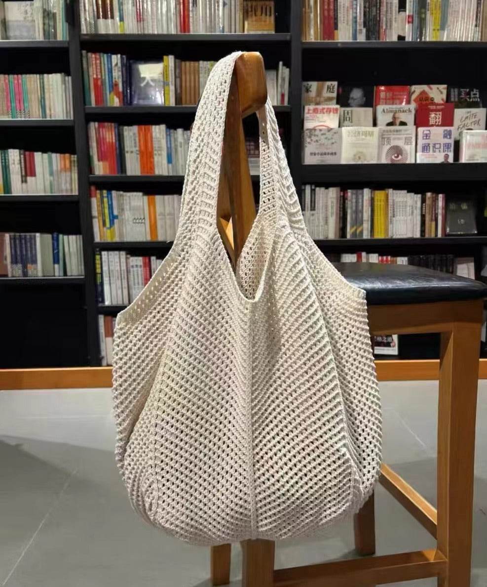 New Korean Style Handwoven Tote Bag – Large Cotton Shoulder Bag with 25cm Strap | Handmade Crafted Design for Women One-Sake.com yellow white off khaki white off-khaki-yellow-