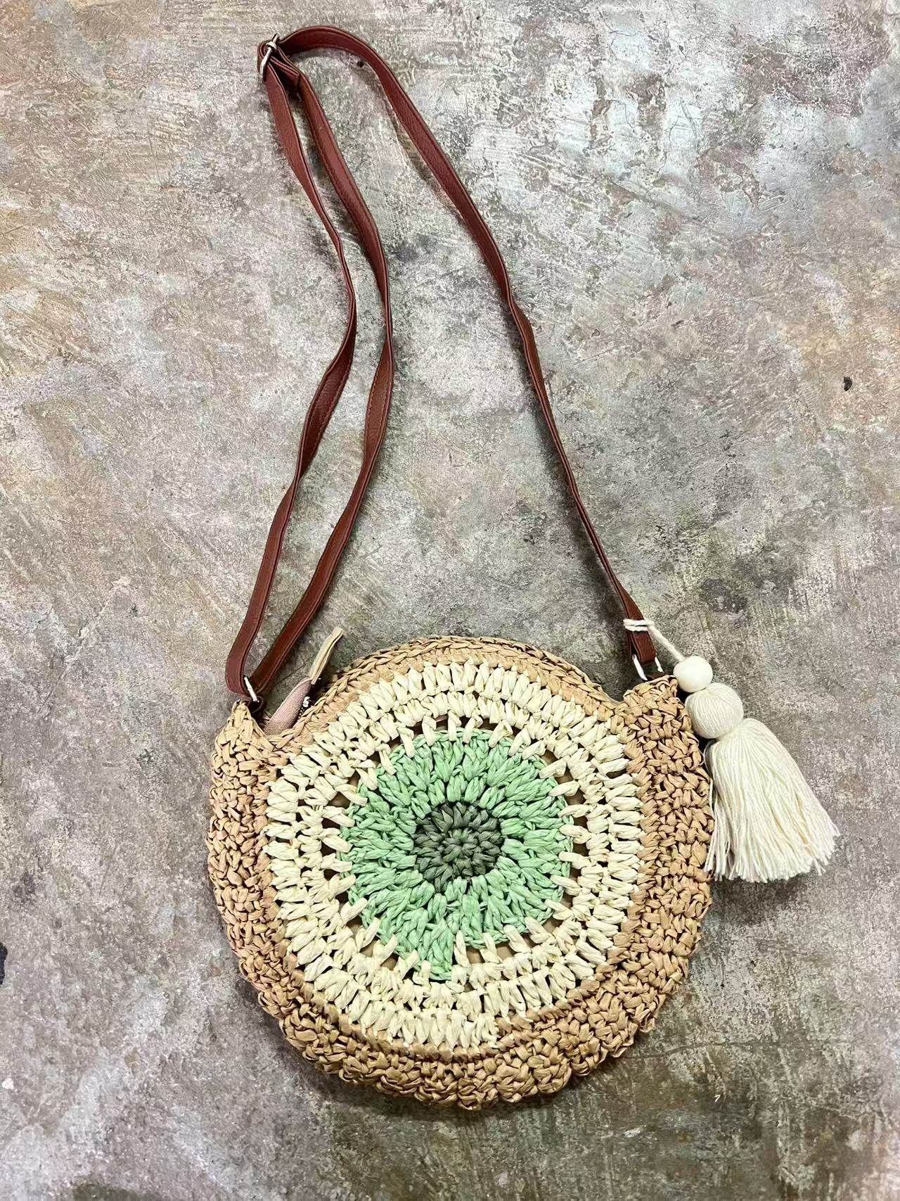 Retro Style Handwoven Bag for Women – Cute Tassel &amp; Leather Strap | Small Cotton Rope Crossbody Bag with Adjustable Strap One-Sake.com green khaki pink khaki-pink-green-