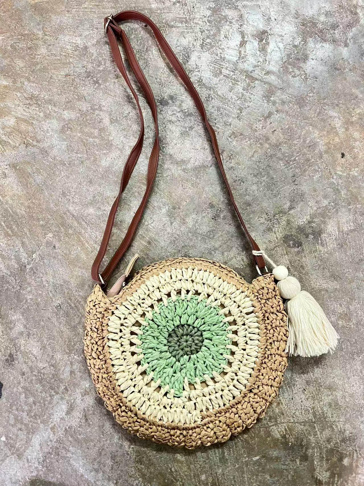 Retro Handwoven Bag with Cute Tassel & Leather Strap | Small Cotton Rope Crossbody with Adjustable Strap