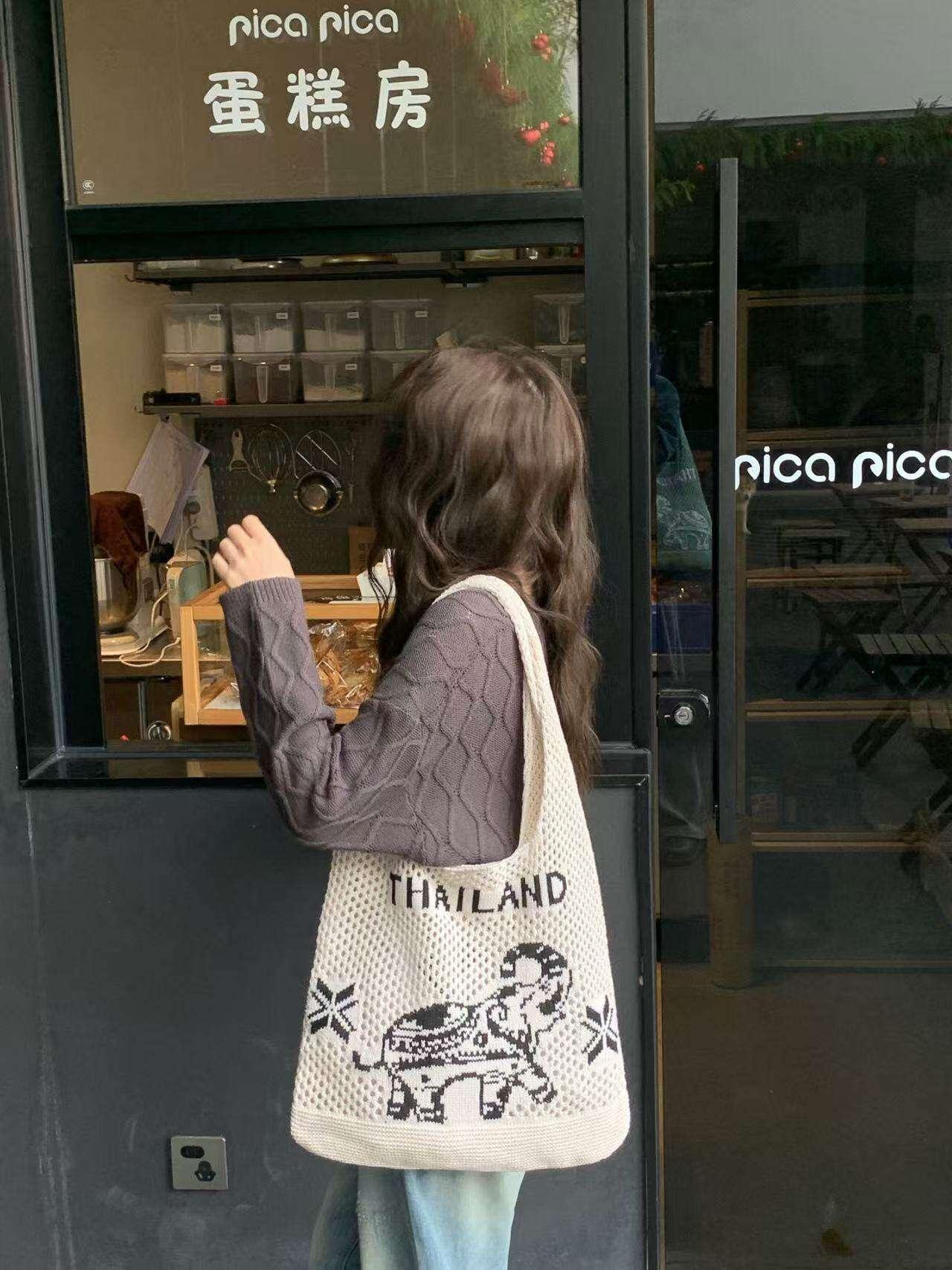 Elephant Pattern Shoulder Bag - Handmade Cotton Rope Tote for Women | 38cm x 40cm with 30cm Strap
