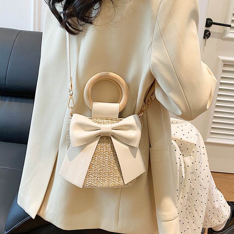 Wooden Handle Bow Shape Handwoven Bag – Perfect for Check-Ins &amp; Photos | Cotton Rope Crossbody Bag with Adjustable Strap One-Sake.com green khaki white khaki-white-green-pink-