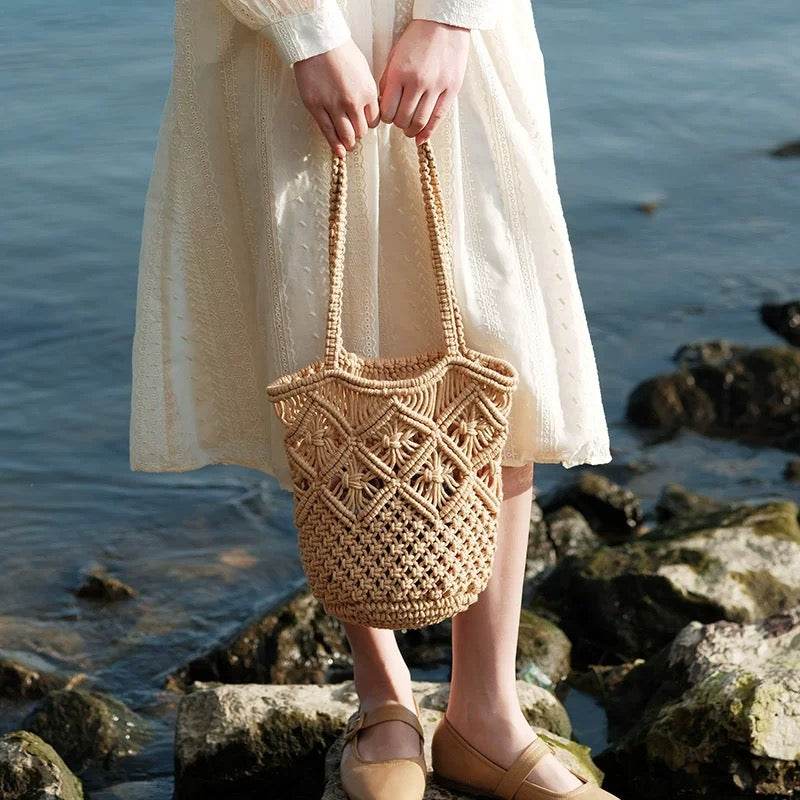 New Korean Style Handwoven Ladies Bag – Cotton Wicker Tote with Inner Pocket | Shoulder Size 28cm for Women One-Sake.com สีกากี สีขาวนวล สีกากี-สีขาวนวล-