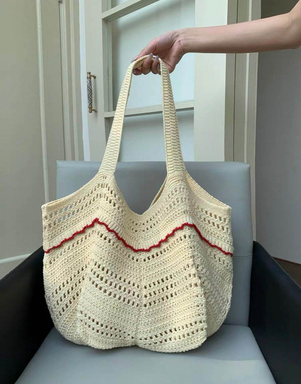 New Korean Style Crochet Shoulder Bag – Large Handmade Cotton Rope Tote | 33cm x 28cm with 58cm Strap One-Sake.com black green red green-red-black-