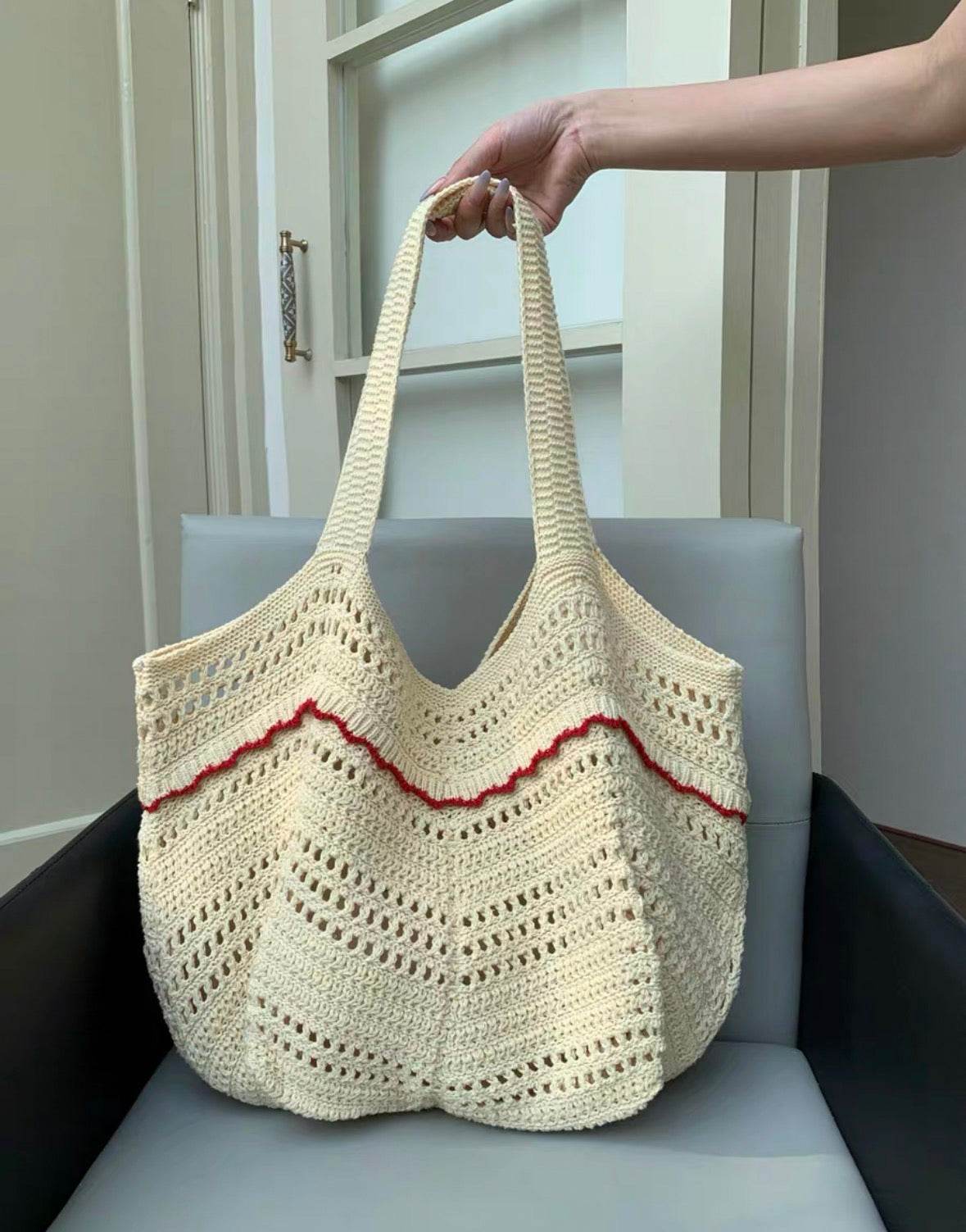 New Korean Style Crochet Shoulder Bag – Large Handmade Cotton Rope Tote | 33cm x 28cm with 58cm Strap One-Sake.com black green red green-red-black-