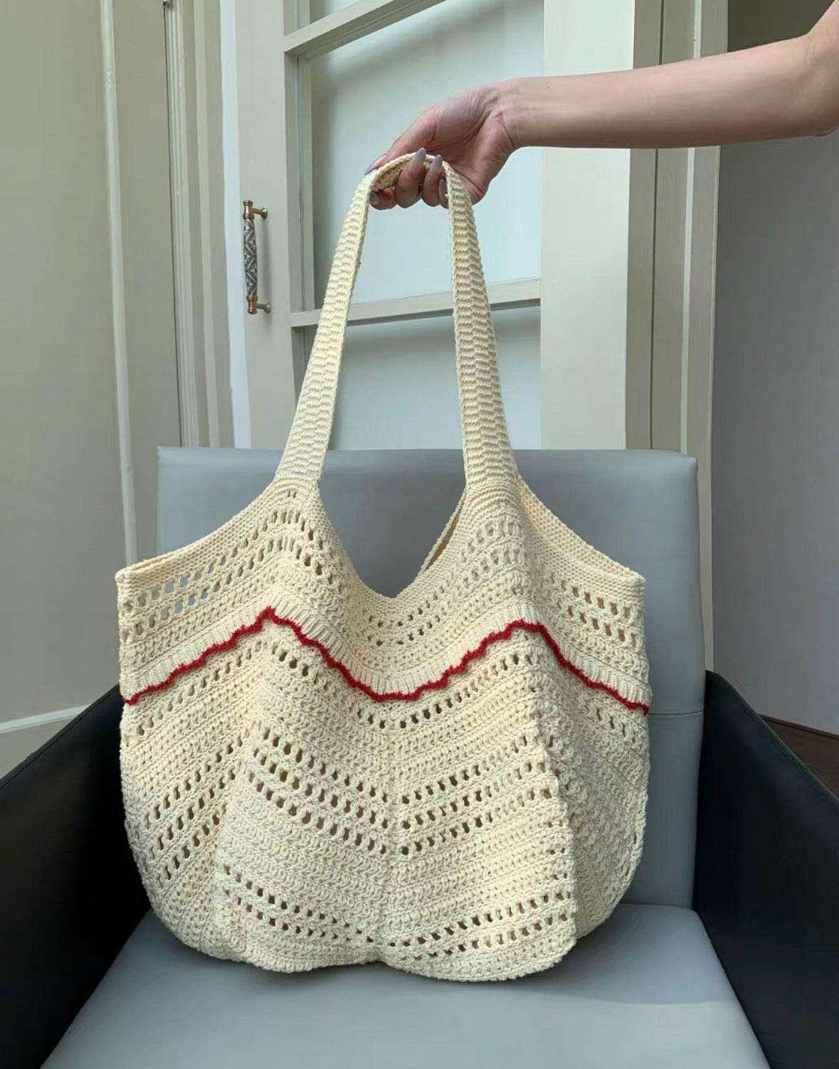 New Korean Style Crochet Tote Bag - Large Handmade Cotton Shoulder Bag 33cm x 28cm with 58cm Strap